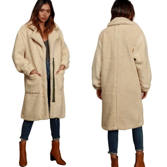 Free People Tessa Teddy Coat M Cream Faux Fur Longline Duster Glam OB1064886 - Picture 14 of 14